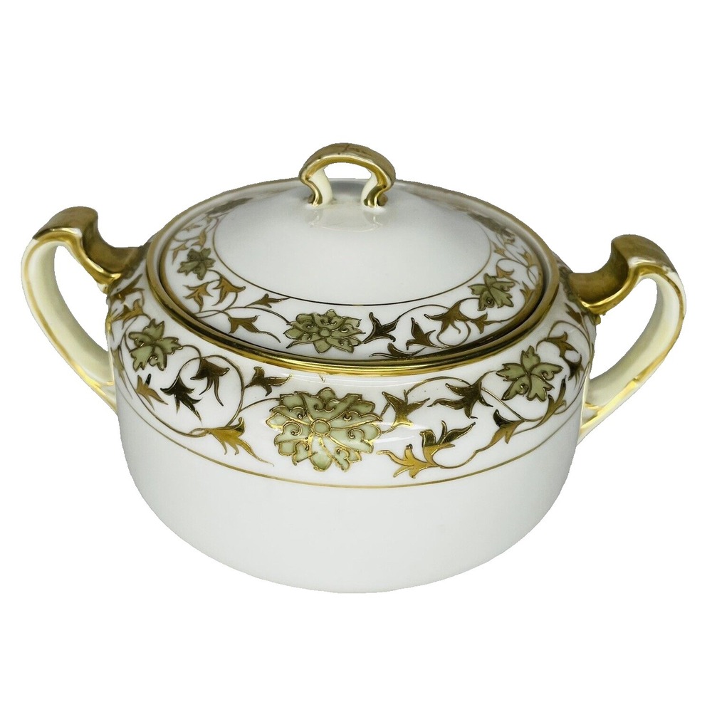 Antique Nippon Hand Painted Biscuit Cookie Jar White Green Gold Double Handle